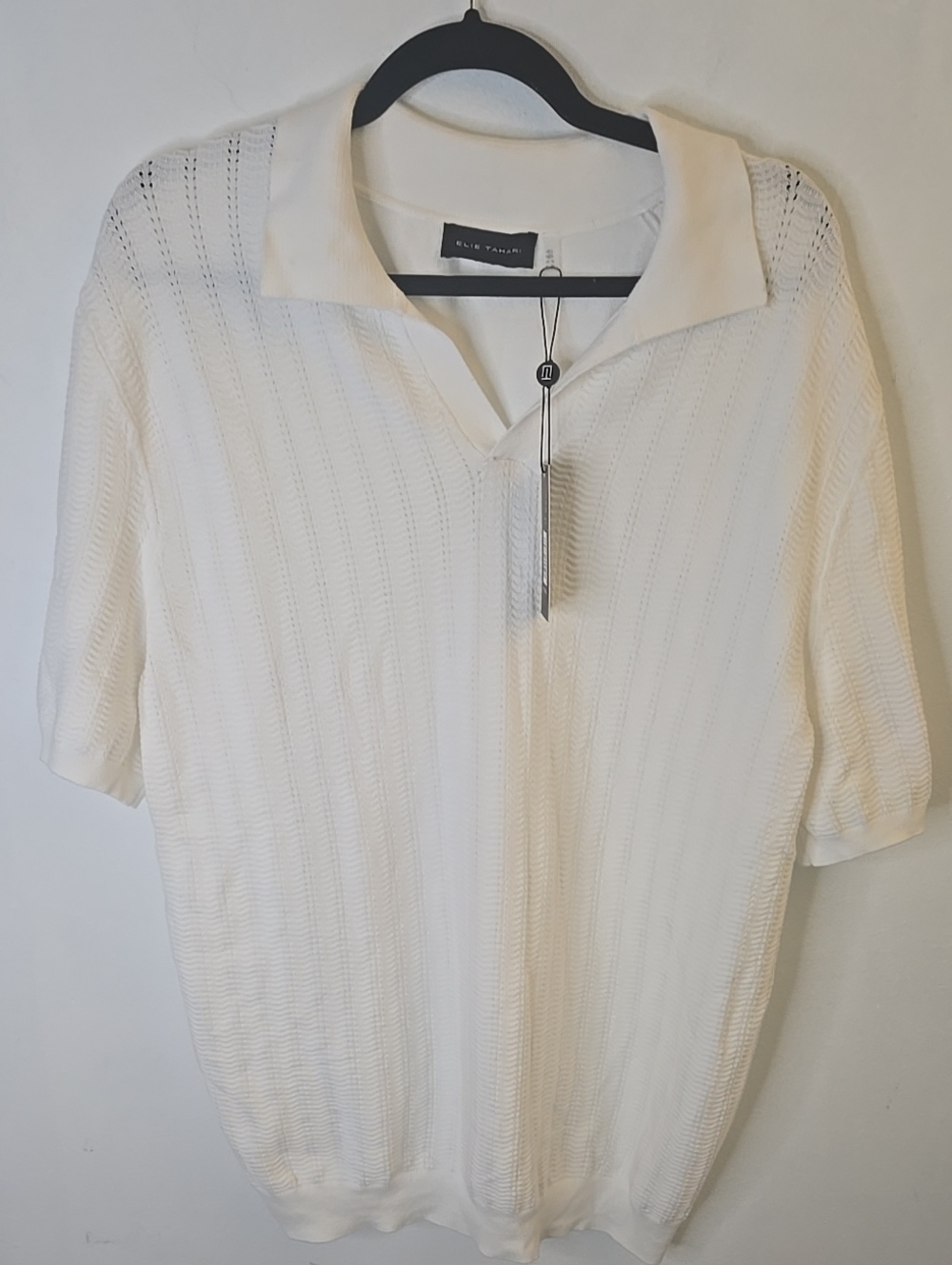 Elie Tahari Cream Short-Sleeve Knit Polo Sweater